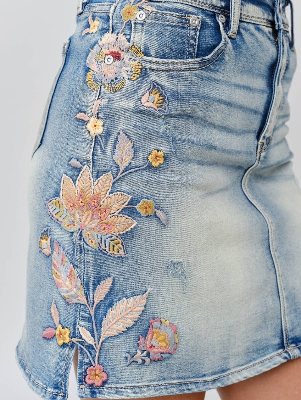 Light Wash Denim Mini Skirt with Pastel Floral Embroidery